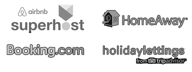 Grayscale Airbnb Superhost, HomeAway, Booking.com, and TripAdvisor logos for GuestLee luxury rentals in Geneva, Verbier & Swiss Alps. | GuestLee luxury rental Switzerland