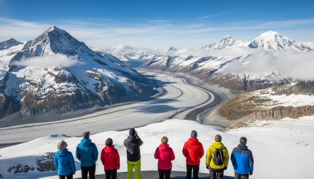A breathtaking alpine landscape at Jungfraujoch, the Top of Europe, showcasing a panoramic view of snow-capped peaks under a bright azure sky. In the foreground, a group of tourists dressed in colorful, modest outdoor clothing are gazing at the stunning scenery, conveying a sense of wonder and exploration. The middle ground features the iconic Aletsch Glacier, glistening under the warm sunlight, while various rugged mountains rise majestically in the background, their peaks piercing the clouds. Soft shadows accentuate the contours of the terrain, creating depth. The atmosphere is serene and invigorating, embodying the thrill of adventure in the Swiss Alps, with a wide-angle perspective that captures the expansive beauty of this remarkable region.