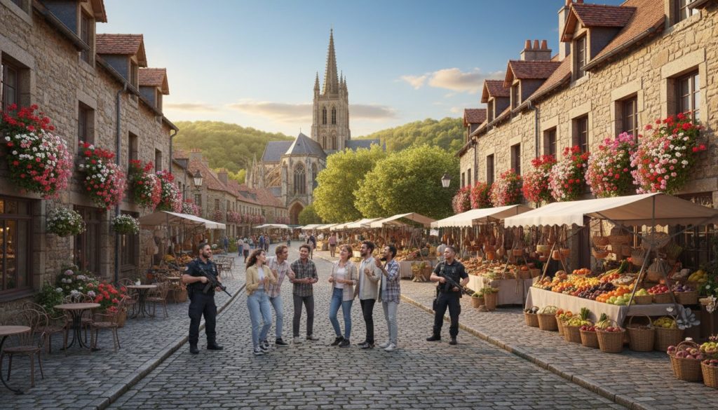 A picturesque view of a secure European destination, highlighting a charming cobblestone street lined with quaint cafes and historic buildings adorned with flower boxes. In the foreground, a group of travelers in modest casual clothing is enjoying the scenery, laughing and taking photos. The middle ground features a vibrant market filled with local artisans showcasing crafts and fresh produce, under a clear blue sky. The background showcases an iconic European landmark, such as a castle or cathedral, surrounded by lush greenery. Soft, warm lighting enhances the welcoming atmosphere, resembling a late afternoon glow. The lens captures the essence of travel and cultural richness, evoking a sense of safety and enjoyment in exploring these beautiful locations.