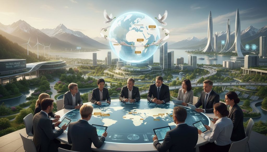 A serene landscape illustrating the concept of global peace and travel safety in 2026. In the foreground, a diverse group of travelers in professional attire, engaged in discussions, examining a world map with highlighted safe destinations. The middle ground features a stylized globe surrounded by symbols of peace, like doves and olive branches, blending into vibrant greenery and urban architecture representing safe cities. In the background, stunning natural vistas merge with modern skylines, showcasing harmony between nature and civilization. Soft, warm lighting enhances the atmosphere, creating a sense of optimism and connectivity. The perspective is slightly elevated, capturing the essence of unity and hope for safe global travel.