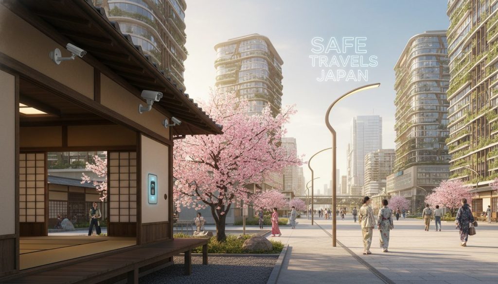 A serene scene depicting the harmonious blend of traditional Japan and modern safety. In the foreground, a tranquil traditional Japanese tea house, complete with tatami mats and sliding shoji doors, seamlessly merges with sleek modern safety features like a smart, unobtrusive surveillance system elegantly integrated into the architecture. In the middle ground, a vibrant cherry blossom tree in full bloom contrasts with modern street lights that provide safe illumination. The background features a bustling cityscape with futuristic buildings showcasing eco-friendly designs, all under soft, warm lighting of the late afternoon sun. The atmosphere is calm and inviting, evoking a sense of security and cultural richness, perfect for visitors exploring Japan in a future of safe travel.