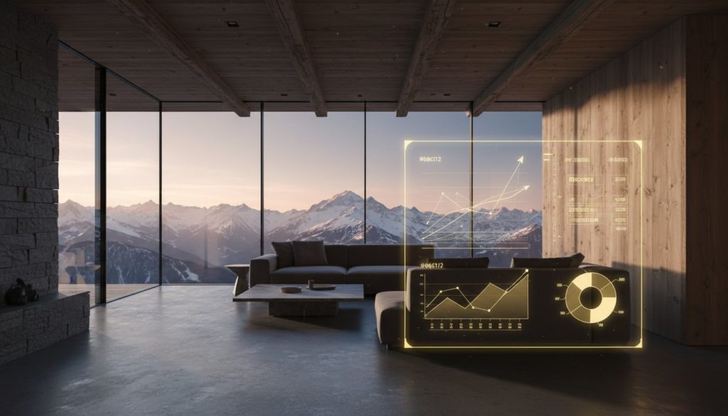 Luxury Swiss rental living room with panoramic mountain sunset views, high-tech features, and elegant minimalist décor. | GuestLee luxury rental Switzerland