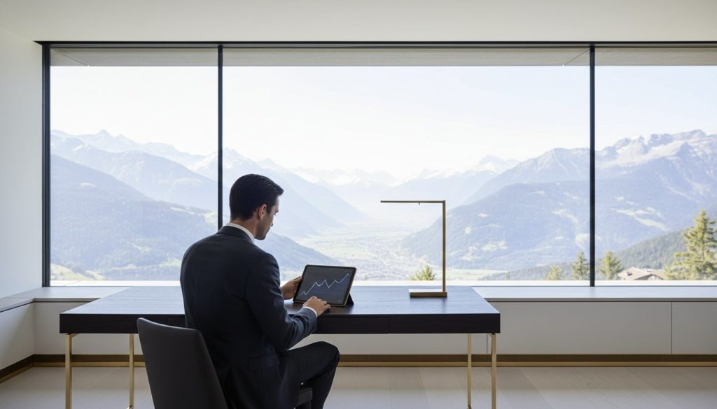 Businessman at modern desk with mountain views, researching luxury Swiss property rentals for GuestLee in Zermatt or Geneva. | GuestLee luxury rental Switzerland